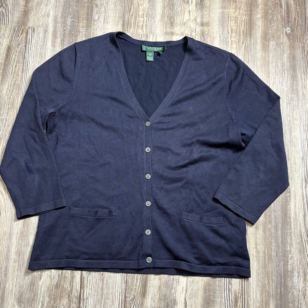 Lauren Ralph Lauren Petite Women's Navy Silk Blend Cardigan Sweater Size PM